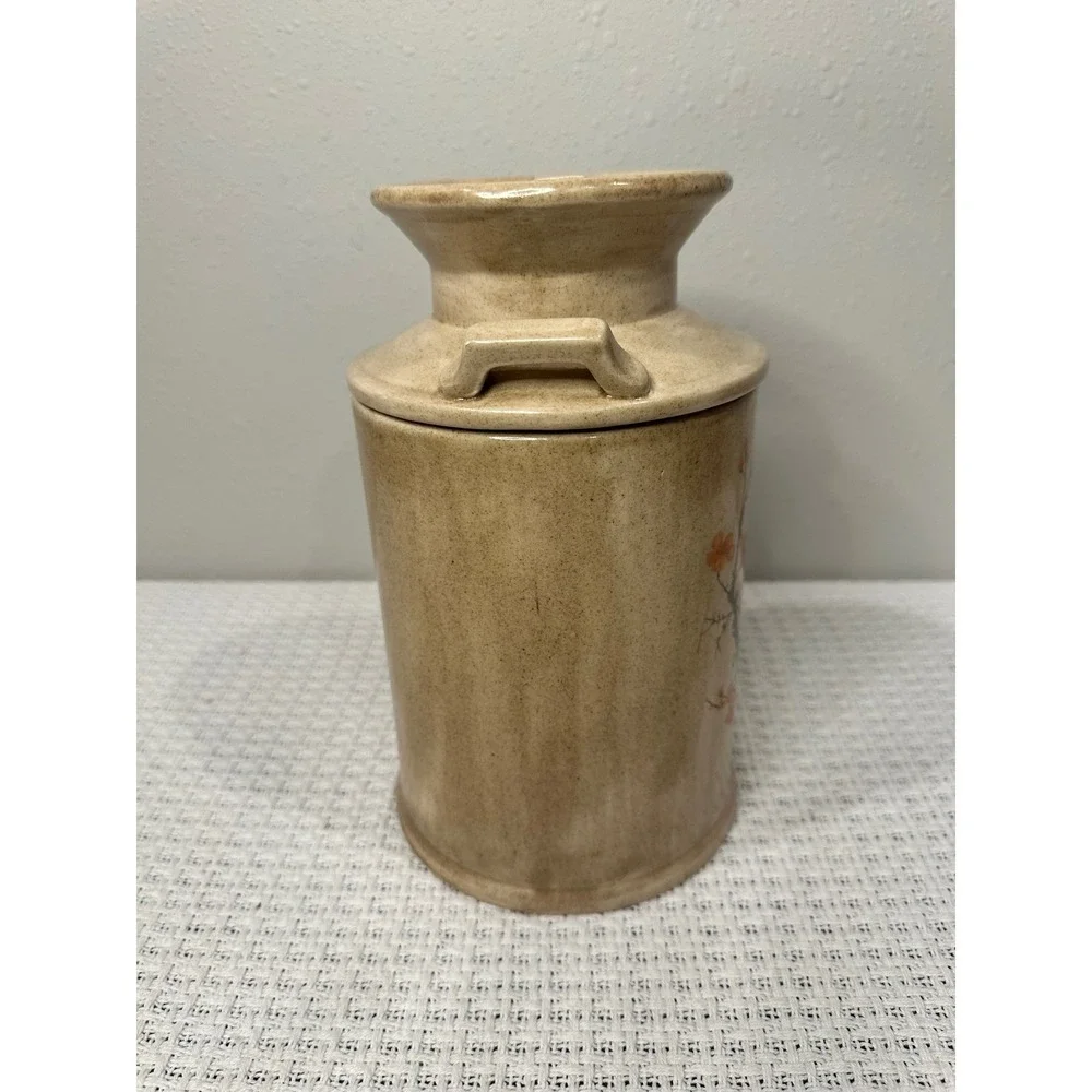 Vintage Ceramic Milk Can Canister 9x5 Tan Orange Cherry Blossom Farmhouse Decor